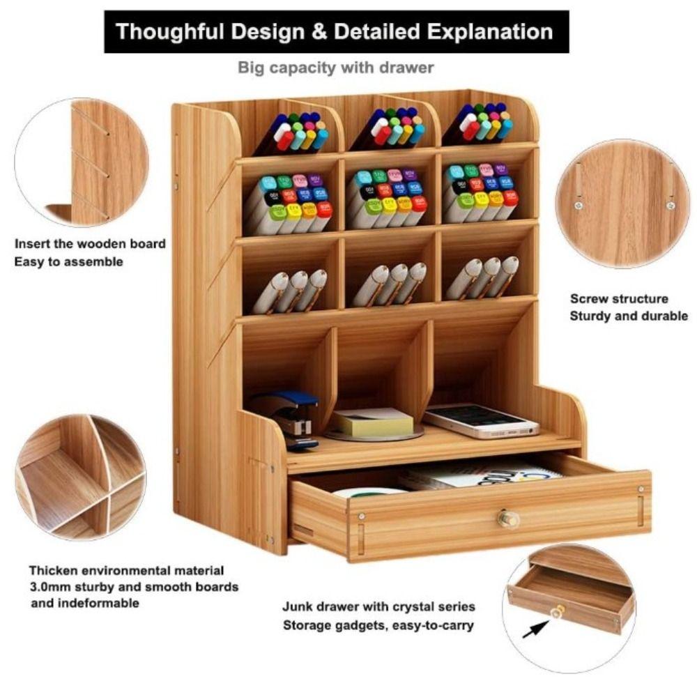 Многофункциональный деревянный органайзер для ручек с выдвижным ящиком для ручек для дома, школы и офиса
