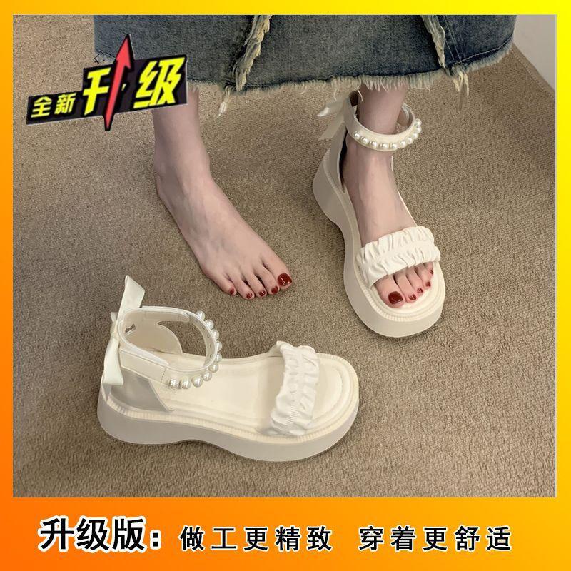 French Roman Sandals Women's 2024 Summer New Thick-soled Pearls with a Word Belt Outside, Fairy Style with Skirt Sandals