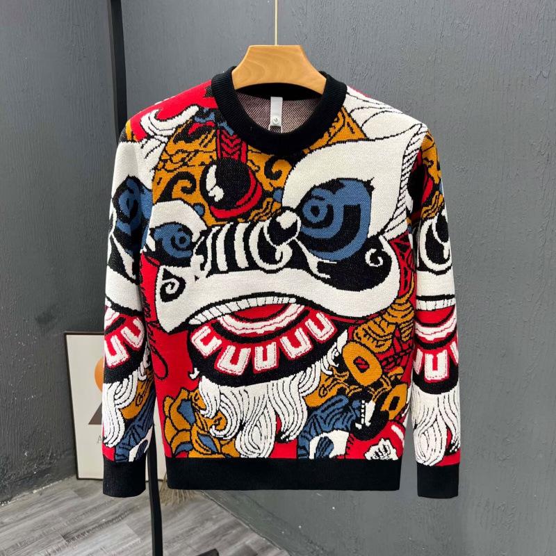 Guochao High-end Red Zodiac Lion Sweater - Men's Old Money Style Knitwear for Autumn/Winter