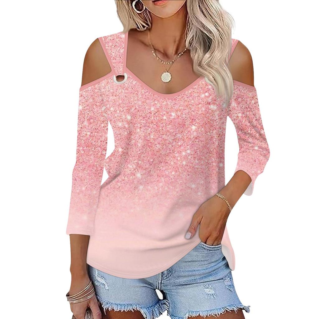 Women's Casual Shirt Blouse Print V-neck Sexy Cold Shoulder 3/4 Sleeve Top