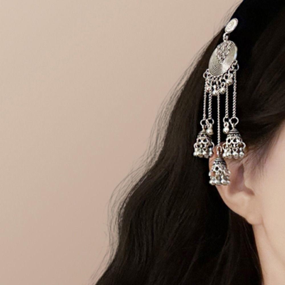 Head Wear Ethnic Style Hair Hoop Velvet Silver Pendant Hair Clip Tassel Bell Hair Band Headwear