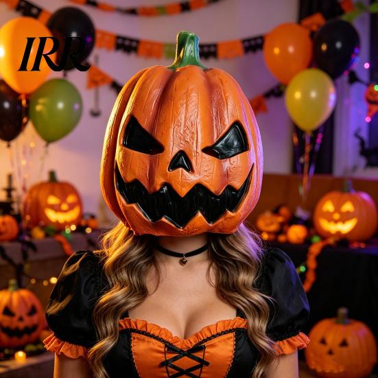 Detailed Pumpkin Costume Mask Halloween Mask, Latex Full Head with Realistic Texture, Scary Cosplay Prop for Party Night, Breathable Eye Mouth Holes,