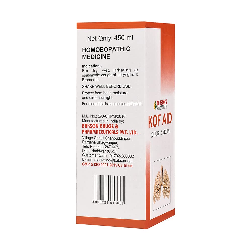 Bakson's Homoeopathy Kof Aid Syrup 450 ml Pack of 1 | Gentle Relief for Dry & Wet Cough