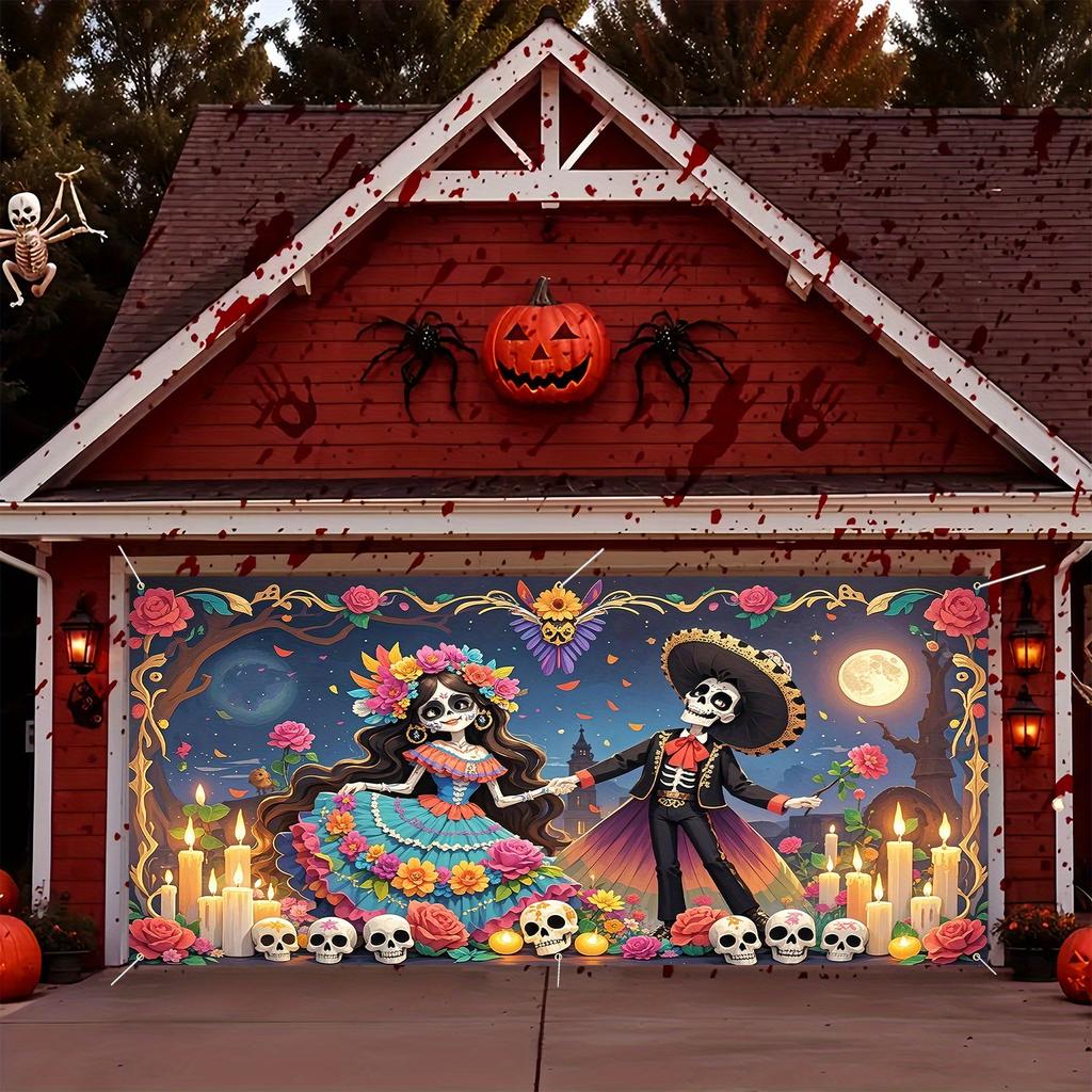 Decoration banner for the Day of the Dead garage | Made of polyester, featuring a traditional dressed skeleton design