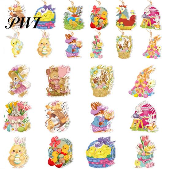 Easter Door Hanger 8Pcs Year of 2024 Theme Charm Cartoon Colorful Chicken & Bunny Holiday Decorations Paper Hanging Ornament Gift Packing Bag