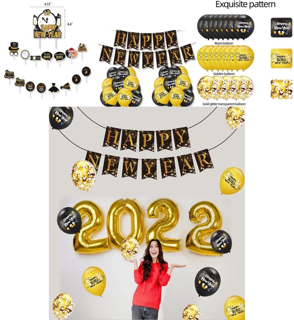 Яркие украшения для новогодней вечеринки 2022 года Потрясающий набор золотых шаров и баннер
