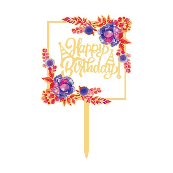 Flowers Cake Topper Happy Birthday Gold Silver Birthday Party Cake Insert Acrylic Cake Decoration Wedding Cakes Dessert Decor
