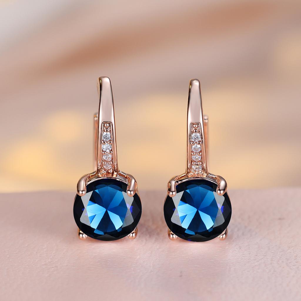1 Pair Rose Golden Color Round Cut White Blue Red Green Stone Drop Earrings Fashion Women Wedding Jewelry Luxury Accessories