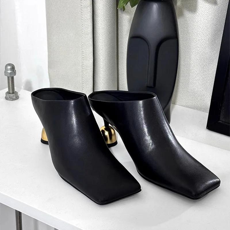 Fashion Square Toe Elegant Women Slippers Fad Mid Heels Leather Sandals Mule Shoes 2025 New Trend Spring Designer Dress Femme Chaussures