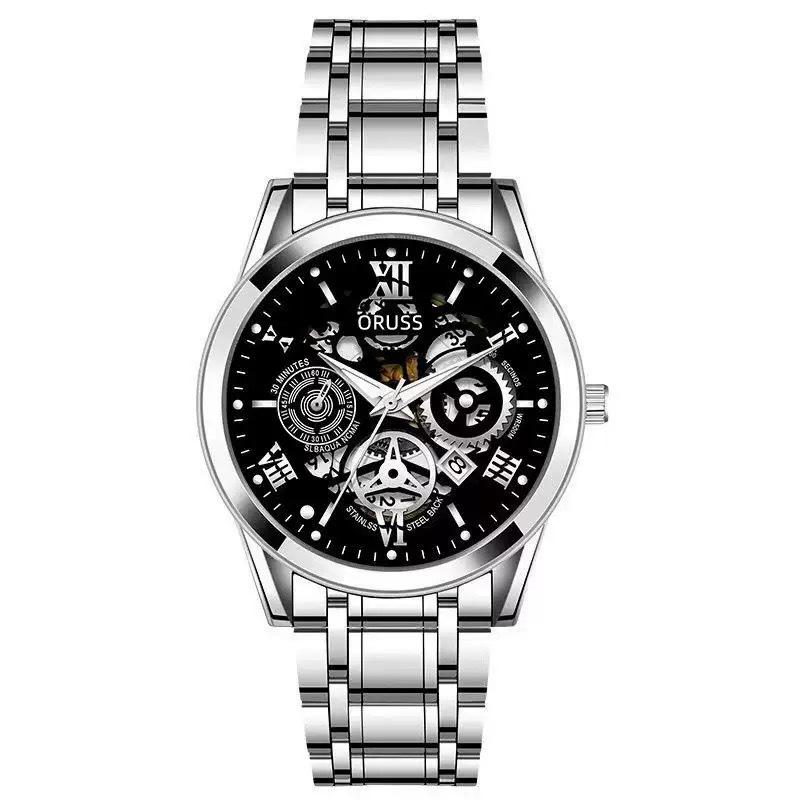 New Fashion Luxury Man Business Hollow Skeleton Faux Mechanical Watch Men Stainless Steel Quartz Watches Male Clock reloj hombre