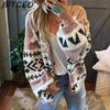 Fall/Winter Oversized Relaxed-Fit Jacquard Color-Block Knit Cardigan Sweater Jacket for Women