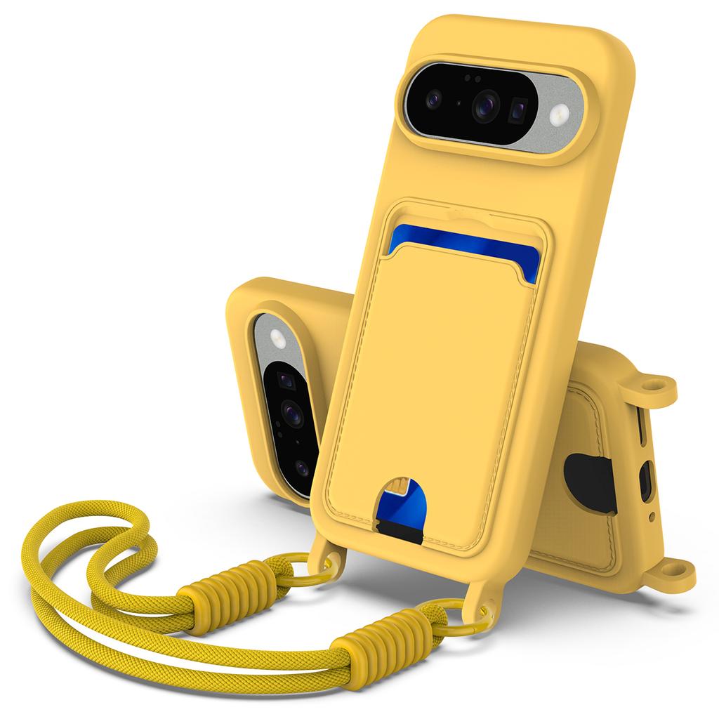 For Google Pixel 10 Liquid Silicone Case Phone Back Cover with Card Holder and Short Strap