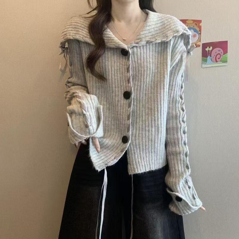 Women's Large Lapel Short Cardigan Jacket - 2026 Autumn/Winter Knit Drawstring Long-Sleeve Button-Up Sweater