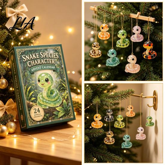Countdown to Christmas Calendar Cartoon Snake Advent Calendar, 24 Days Acrylic 2D Flat Festive Box Figures, Collectibles for Home And Car Decorations