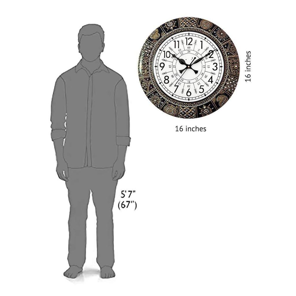 Этнические дизайнерские настенные часы ручной работы с цветочной росписью в стиле Раджастхани | Черные деревянные настенные часы для гостиной | 24 часа | 16 дюймов | Винтажный дизайн