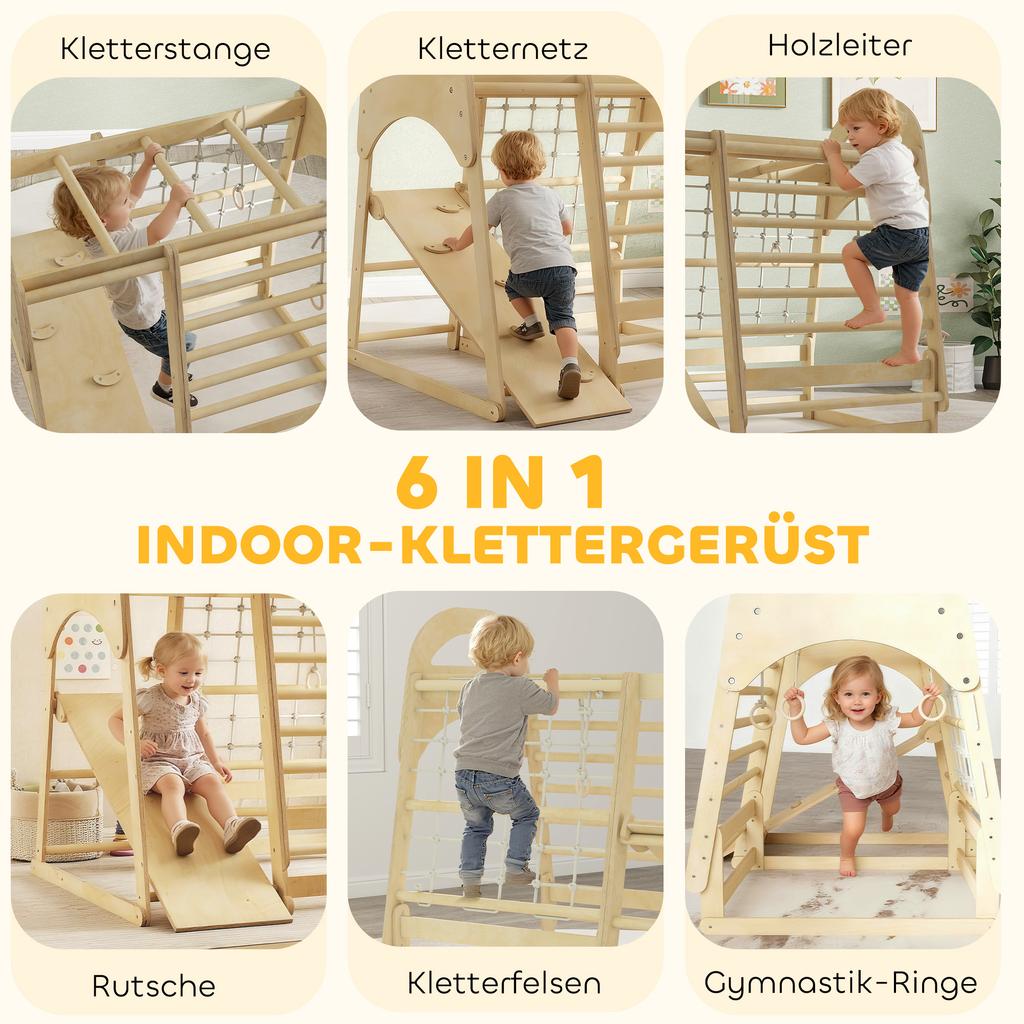 6 in 1 Kids Climbing Frame with Slide, Monkey Bars, Gymnastics Rings, Ladder, Climbing Net, for 3-6 Years, Natural Tone