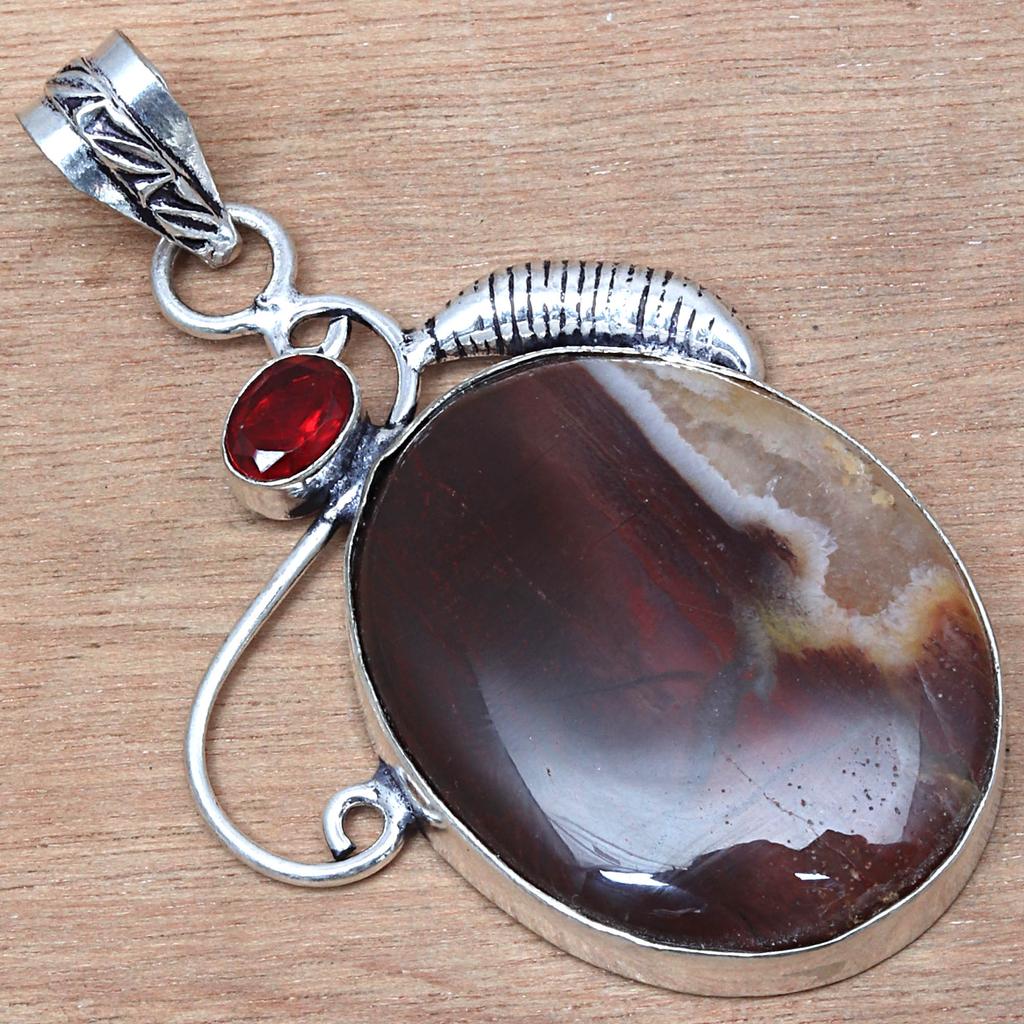 Pendant Gray Botswana Agate Garnet Gemstone Silver Jewelry 2.25"