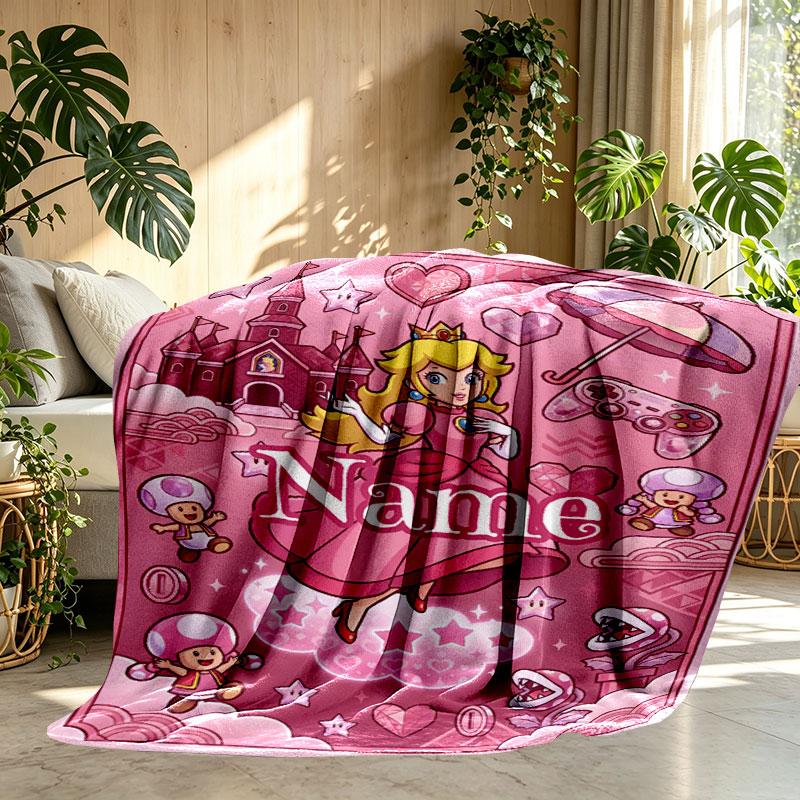 Custom Name Personalized Princess Peach Toadstool Print Blanket, Home Decor, Bedroom, Sofa, Camping, Couch, Gifts for Birthday Christmas