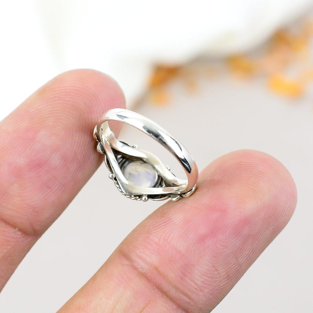 Радужный Лунный Камень 925 Стерлинговое Серебро Круглый Драгоценный Камень Бохо Стиль Кольцо Ручной Работы Для Женщин