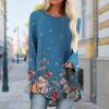 Plus Size Women Autumn Purple Beautiful Flowers Printed Comfy Long Sleeve Round Collar T-shirt Casual Baggy Mid Length Tee Tops