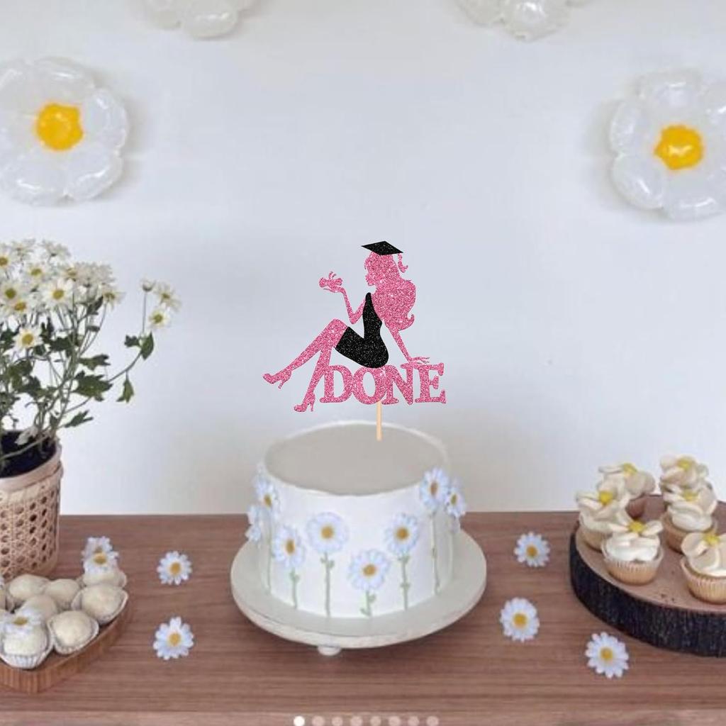 1 PCS High Heel Girl Graduation Cake Topper Black Pink Glitter Done Diploma Class of 2025 Congrats Grad Cap Cake Pick for 2025 Senior High School