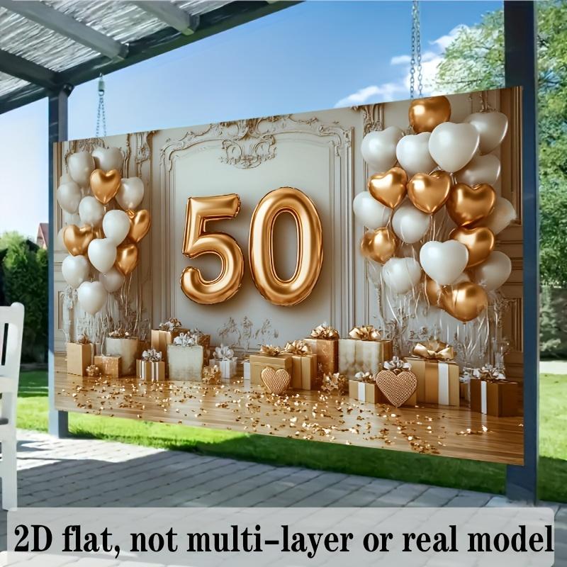 2D плоский баннер, 1 шт.. Элегантное оформление 50-летнего юбилея свадьбы: платиновые воздушные шары с блестками и фон с шампанским