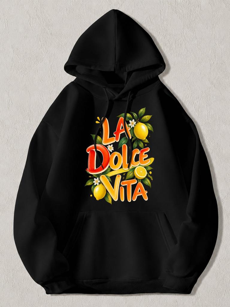 Black Hooded Sweatshirt with La Vita Lemon Graphic & Citrus Floral Print Pullover Hoodie - Casual Streetwear Hoodie Suitable for D