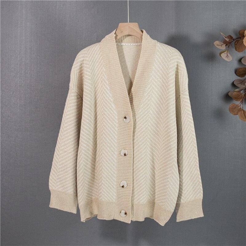 Vintage Striped V-neck Knitted Cardigan Jacket Women Loose Single-breasted Sweaters Coat Winter Fashion Korean Knitwears 29361