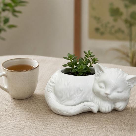 Jijijing 3D-печатный горшок для цветов спящий кот, мини-горшок для рабочего стола, декоративный держатель для суккулентов и небольших зеленых растений
