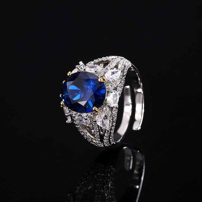 Hao inlaid with diamond temperament elliptical imitation royal blue red corundum zircon diamond ring queen with the same open ring women