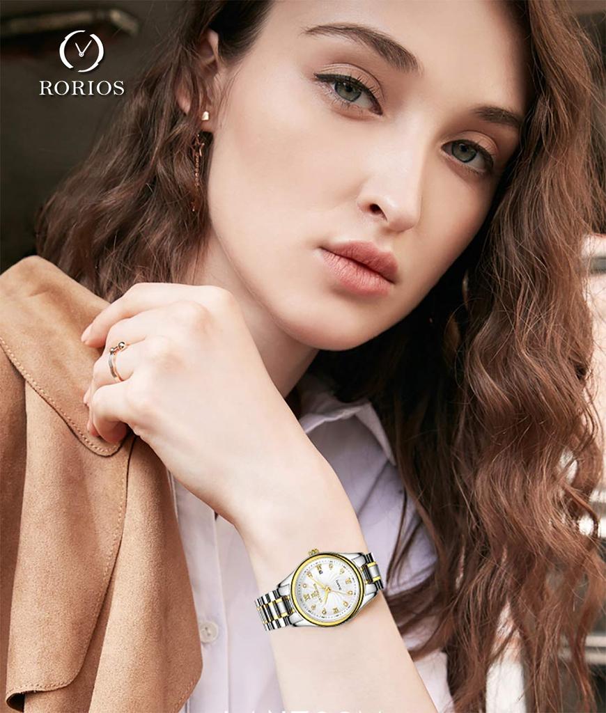 RORIOS Простые кварцевые часы из нержавеющей стали с датой Водонепроницаемые Идеально подходят для и на каждый день Золотые женские часы, Популярные, Стильные, Аналоговые, Механизм, Ремешок, Дисплей,