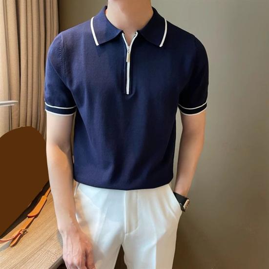 Мужская летняя рубашка, тонкая трикотажная, с коротким рукавом, на молнии, с лацканами, эластичный подол, полосатая, однотонная, свободная рубашка для поездок на работу и путешествий на открытом воздухе