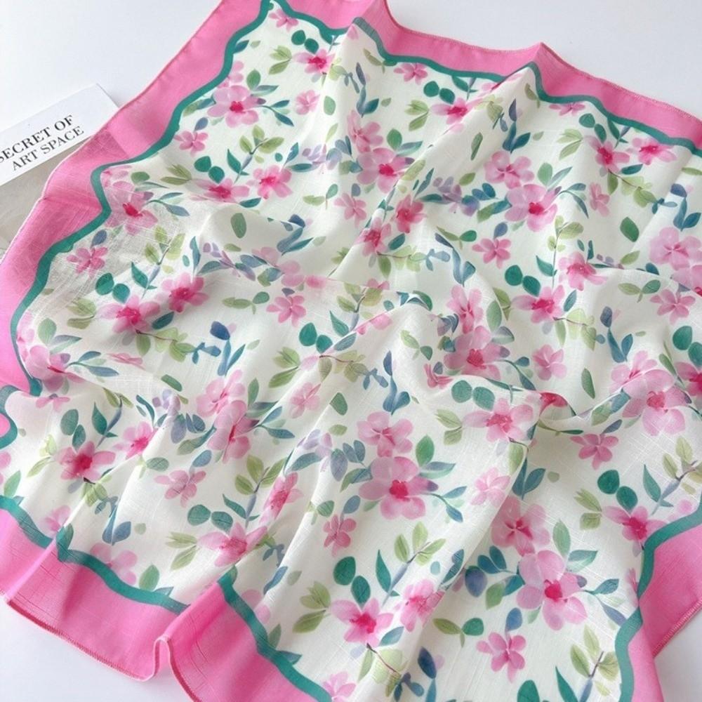 Fashion Floral Print Neckerchief Square Cotton Linen Neck Scarf Decorative Wrap Breathable Sunscreen Head Scarf