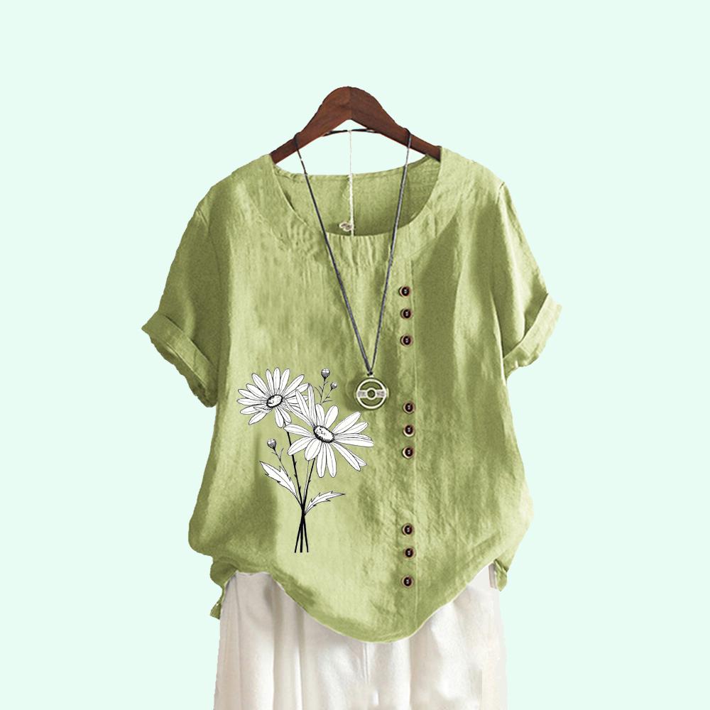 Женские повседневные блузки с цветочным принтом и круглым вырезом, летние пуловеры с короткими рукавами и свободные футболки больших размеров