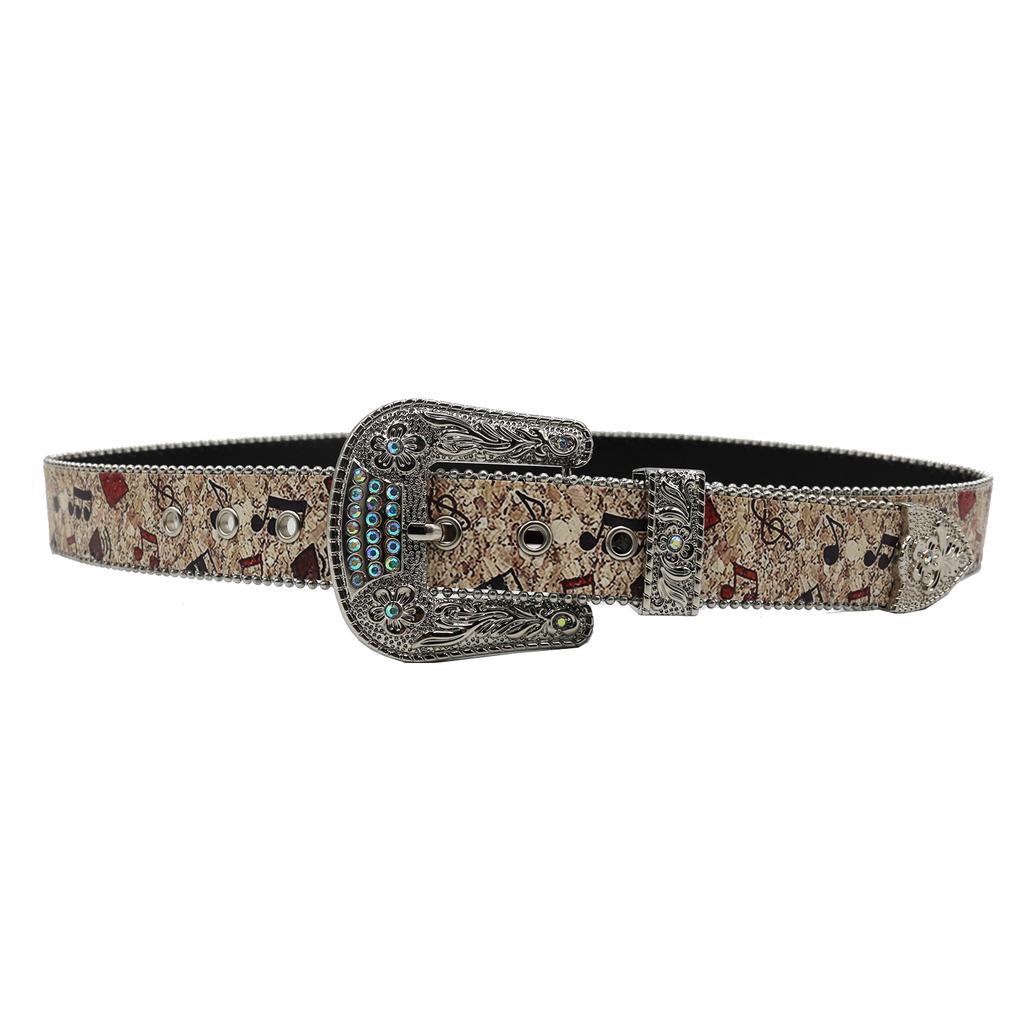 Оригинальный дизайн ремня с принтом музыкальных нот и стразами Y2K Personality Trend Pu Leather Belt