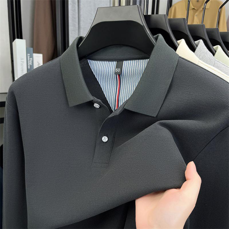 Мужская однотонная хлопковая рубашка-поло - Повседневный топ с длинным рукавом