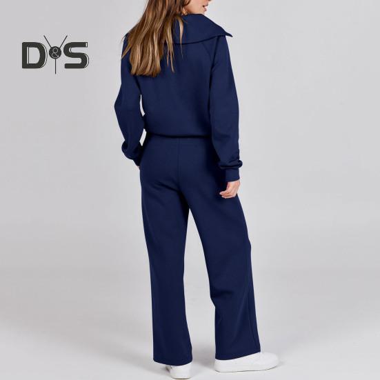 2Pcs/Set Women Solid Color Casual Outfit Lapel Zipper Neckline Long Sleeve Sweatshirt Elastic Waist Drawstring Wide Leg Pants Set