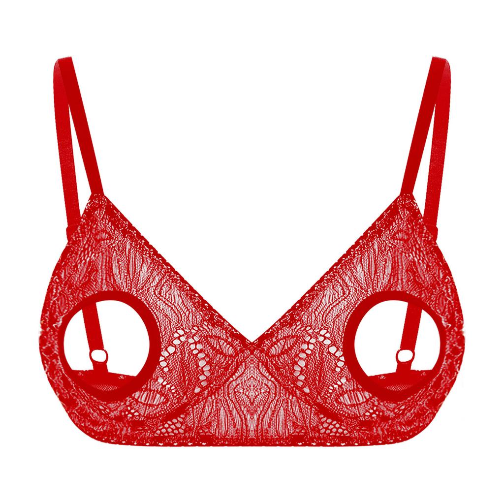 Womens Hollow Out Lace Bra Top Adjustable Spaghetti Straps Sheer Panels Club Rave Wear