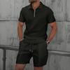 Men's Summer Waffle Knit Zipper Lapel T-Shirt & Shorts Set