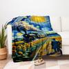 "Starry Night Train Adventure: Van Gogh-Inspired Sunflower Field Poster"Blanket Flannel Throw Blanket for Sofa, Bed, Travel, Camping, Office