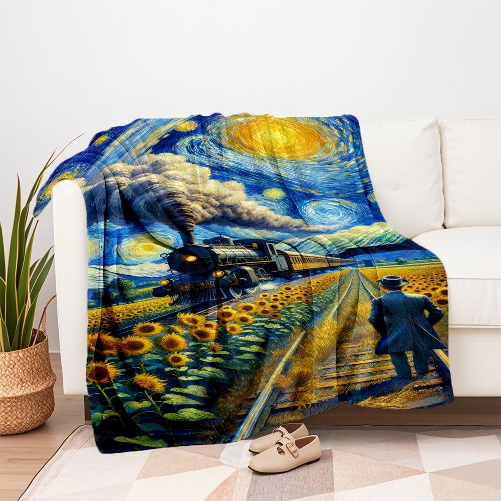 "Starry Night Train Adventure: Van Gogh-Inspired Sunflower Field Poster"Blanket Flannel Throw Blanket for Sofa, Bed, Travel, Camping, Office