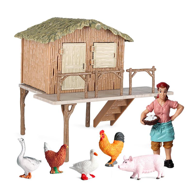 Oenux Модель фермерского дома Фигурки Фермер Мотоцикл Корова Курица Свинья Набор животных Фигурка Миниатюра ПВХ Милый Обучающая Детская Игрушка