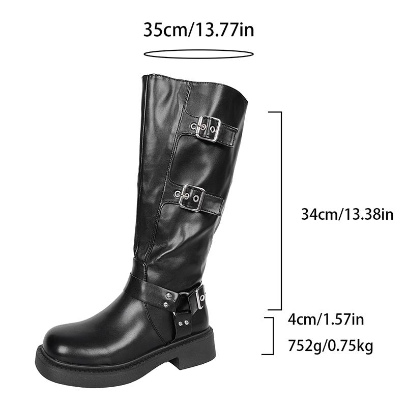 Fashion Women's Adjustable Buckle Riding Boots with Side Zipper Fashion Black PU Leather Knee High Boots Women Autumn Winter Long Botas