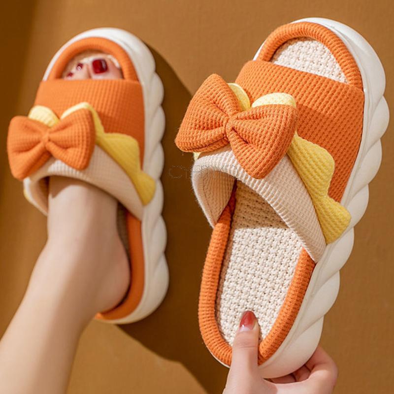 Женские тапочки Женские тапочки на платформе с открытым носком и бабочкой из льна Летние домашние тапочки для дома на все времена года Сандалии и тапочки для дома