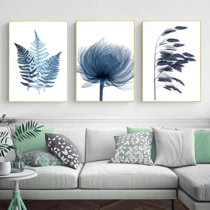 Blue Plant Leaf Poster Minimalist Flower Plant Wall Art Canvas Painting Nordic Living Room Home Decoration Picture Printmaking