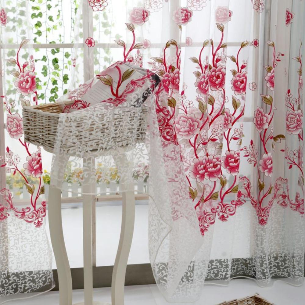 Gauze Peony Tulle Curtain Elegant Transparent Curtain Modern Sheer Curtains  Home Decoration