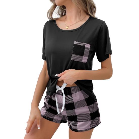 Women's Graphic Pajamas Sets Crew Neck Short Sleeve Top Plaid Shorts Sleepwear Set Summer Two-Piece Loungewear Outfit