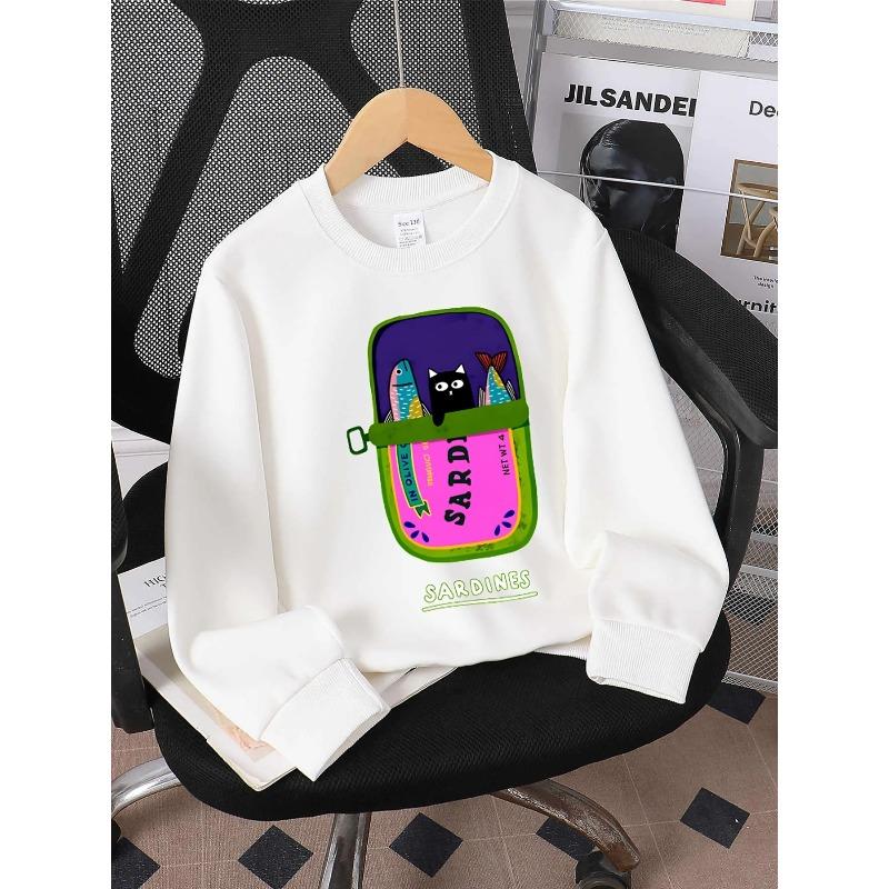 European sizes Hoodie for Kids with a Round Neck - Sardines in Olive Oil Featuring a Cat, Perfect for Sports And Casual Outings, Soft And Comfy