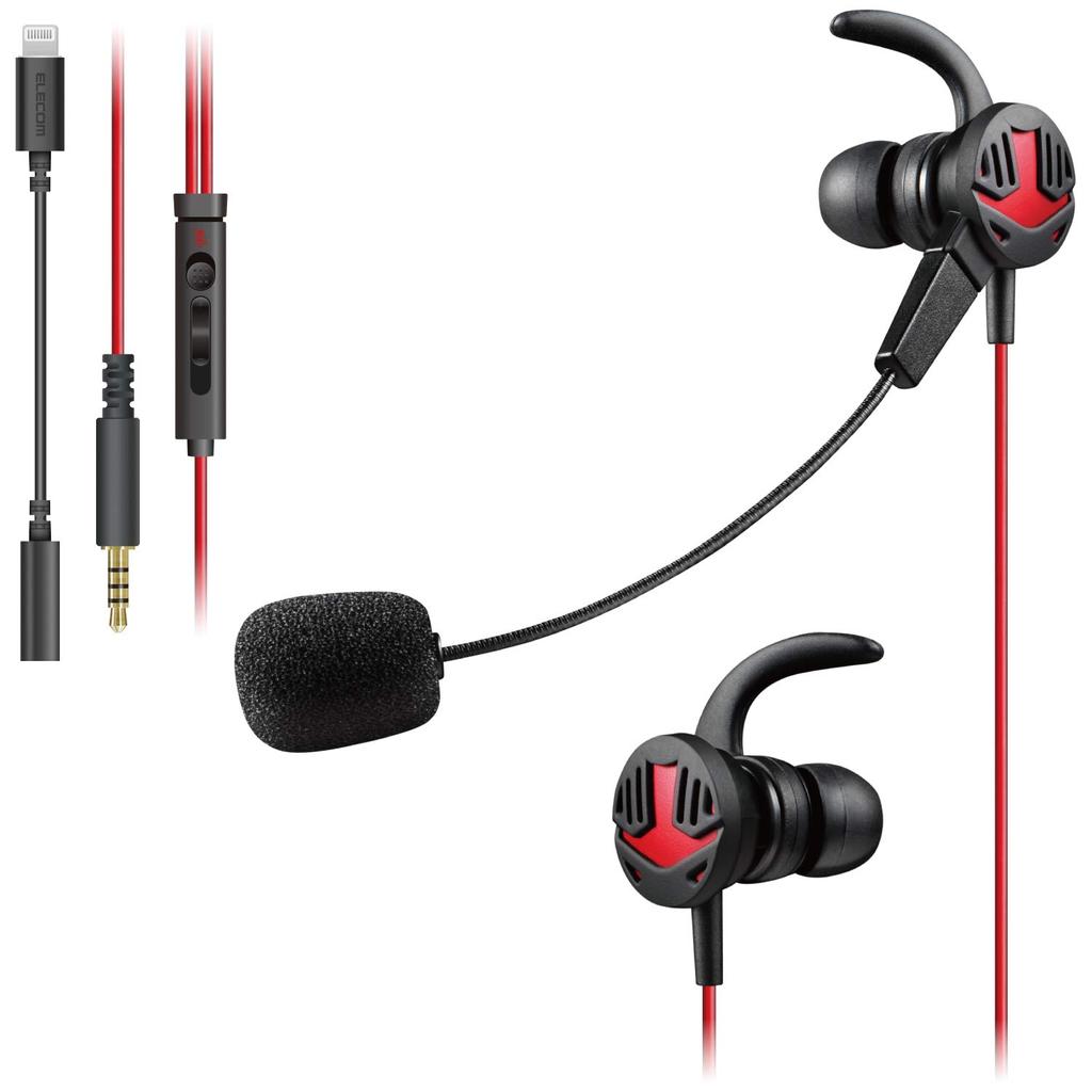 ELECOM HS-GS30ELBK Inner-Type Earphones, Ideal for Smartphone Gaming, with Built-in Microphone Arm, Lightning Connection, Black