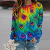 Fall Autumn Women'S Fashion O Neck Long Sleeve T-Shirt Loose Clothes Peacock Feathers Print T Shirt